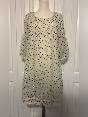 ANTHROPOLOGIE (NUMPH), Cream & Black Polka Dot Tiered Long-Sleeve Babydoll Dress